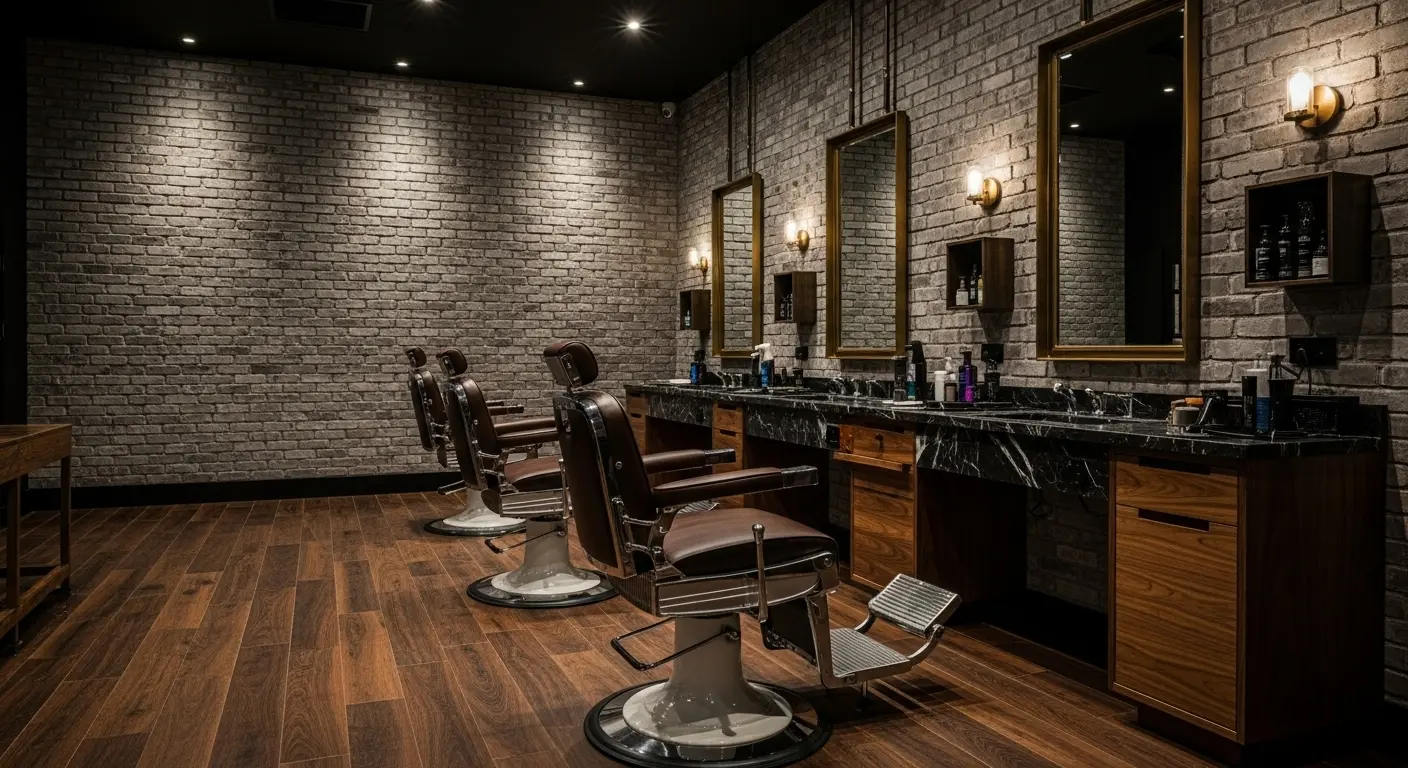 Interior da barbearia com cadeiras de couro